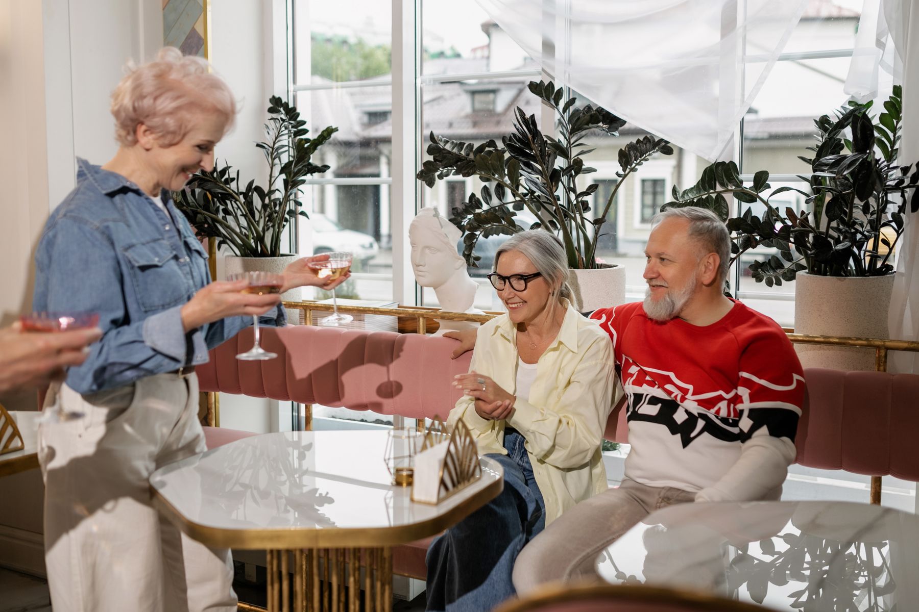 Friends enjoying time together at a modern café